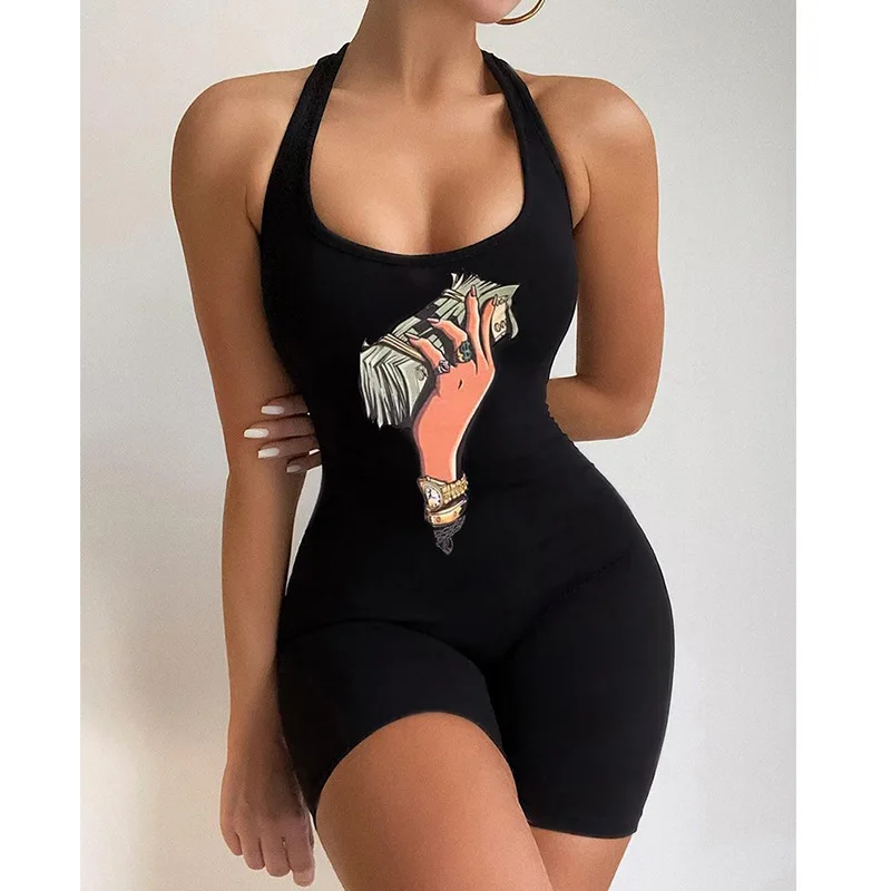 

2021 Fashion New Halter Playsuit Women Slim Thin Sports Open Back One-piece Shorts Jumpsuit Printed One-piece Shorts