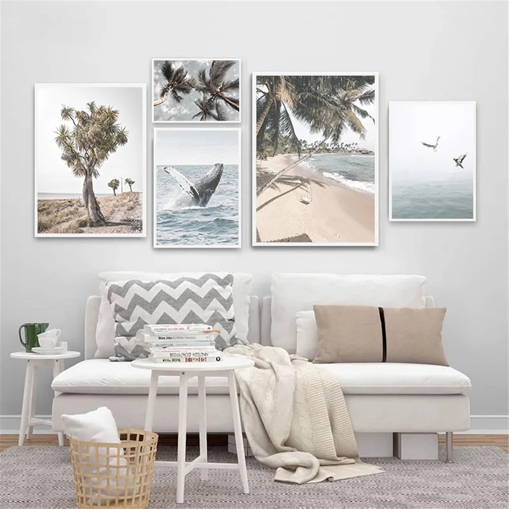 Постер в скандинавском стиле с изображением морских КИТ и птиц Пляжное кокосовое