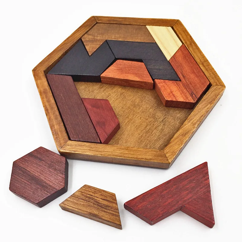 

Hexagonal Wooden Puzzles IQ Game Educational Toys For Children Kids Adults Tangram Board IQ Brain Teaser Montessori Toys Gifts