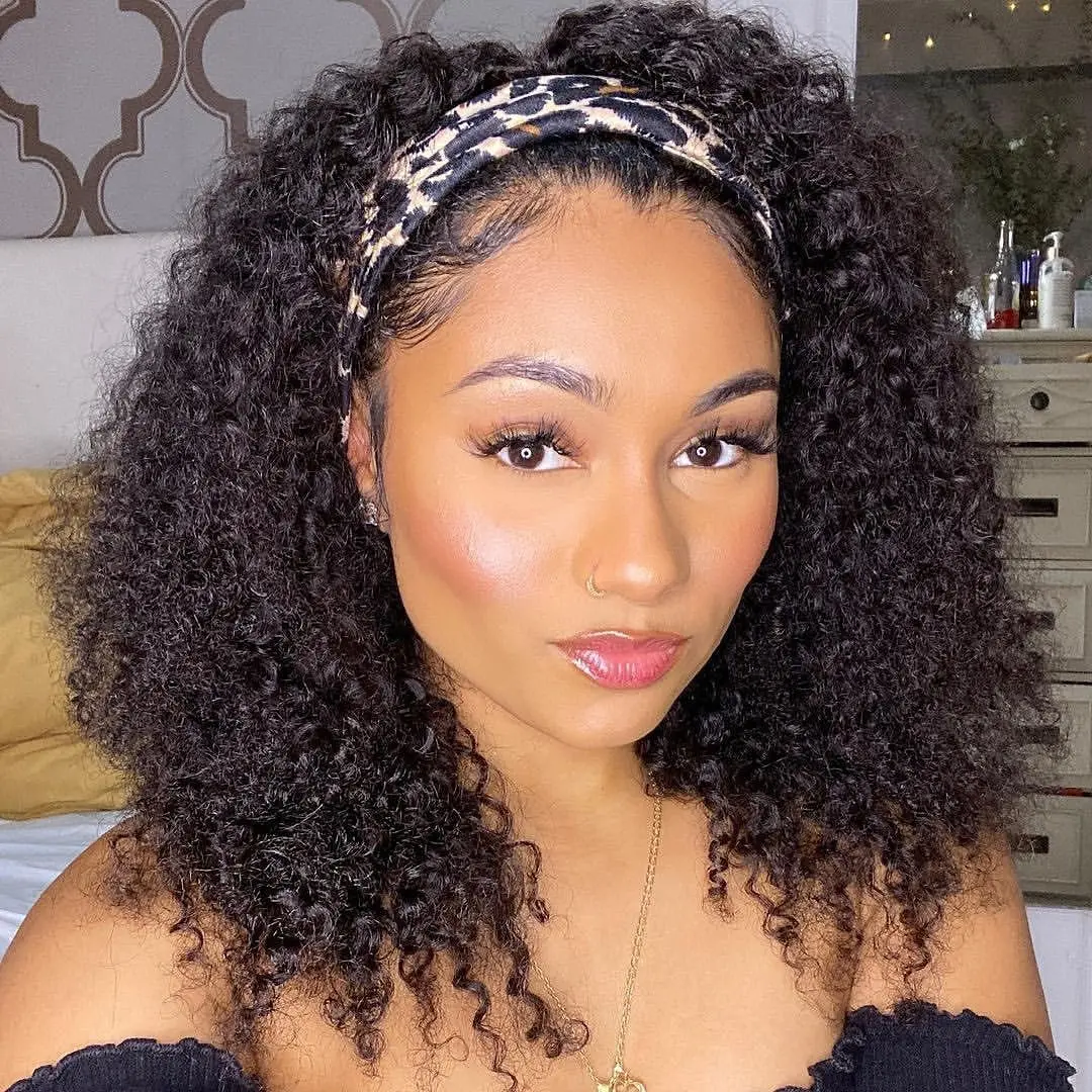 

Jerry Curl Headband Wig Human Hair Wigs For Black Women Brazilian Scarf Wig No Gel Glueless Remy Kinky Curly Human Hair Wigs