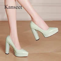 kanseet platform womens shoes party office thick high heels footwear elegant pointed toe slip on genuine leather woman pumps