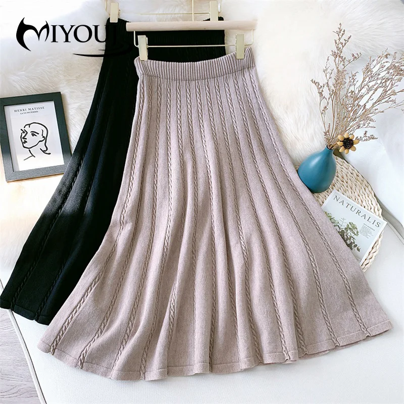 

MIYOUJ A-Line Long Skirt High-Waisted Twisted Knitted Woollen Midi Skirts Women Clothes Elegant Solid Jupe Autumn Winter Faldas