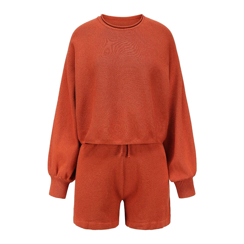 

Two Piece Set Women Solid Sweater Long Sleeve Puff Sleeve Top And Shorts Suits Women Sweater+Knitted Shorts Set Winter Suit