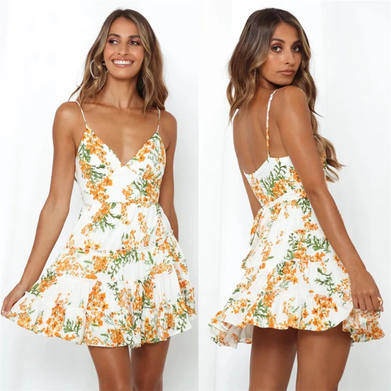 

Ladies Boho Floral Print Mini Dress Sling Backless Ruffle Hot Summer Sexy Sundress Women Spaghetti Straps Casual Holiday Clothes