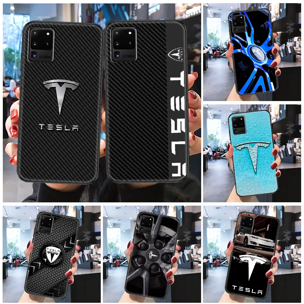Tesla Inc. car logo rim Phone case For Samsung Galaxy Note 4 8 9 10 20 S8 S9 S10 S10E S20 Plus UITRA Ultra Frosted black