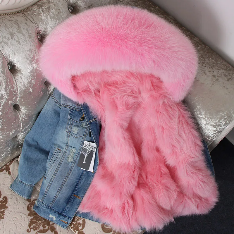 New Denim Pie Punk Fox Fur Grass Liner Coat Women Winter Real Casual Scorpion Collar Medium Long Jacket Thick | Верхняя одежда