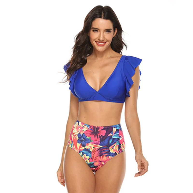 2021 Women Two Piece Swimsuit V Neck Ruffled Bikini Top High Waisted Ruched Bottom Sexy Print Bikini Set Push Up Swimwears