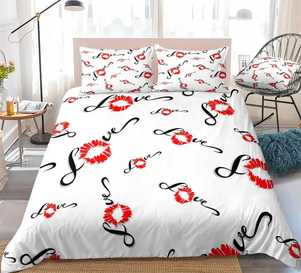 

Lips Bedding Set Sexy Lip Print Bed Linen Kisses Duvet Cover Set Red Lips Bedclothes Girl Women Home Textile Red White Bed Set