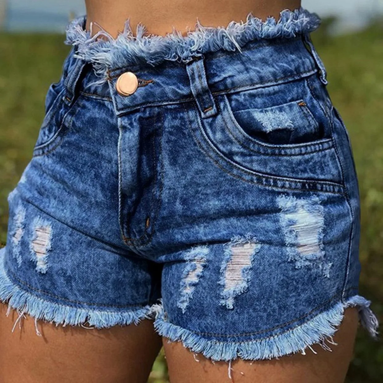 

Mandylandy Denim Shorts Summer Casual Ripped Solid Color Straight Denim Shorts Women's Fashion Pocket Button Tassel Shorts