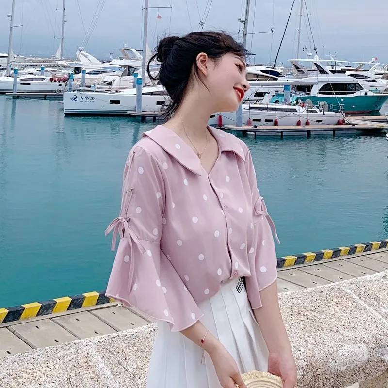 Повседневная Свободная рубашка в стиле ретро с волнистыми точками и коротким