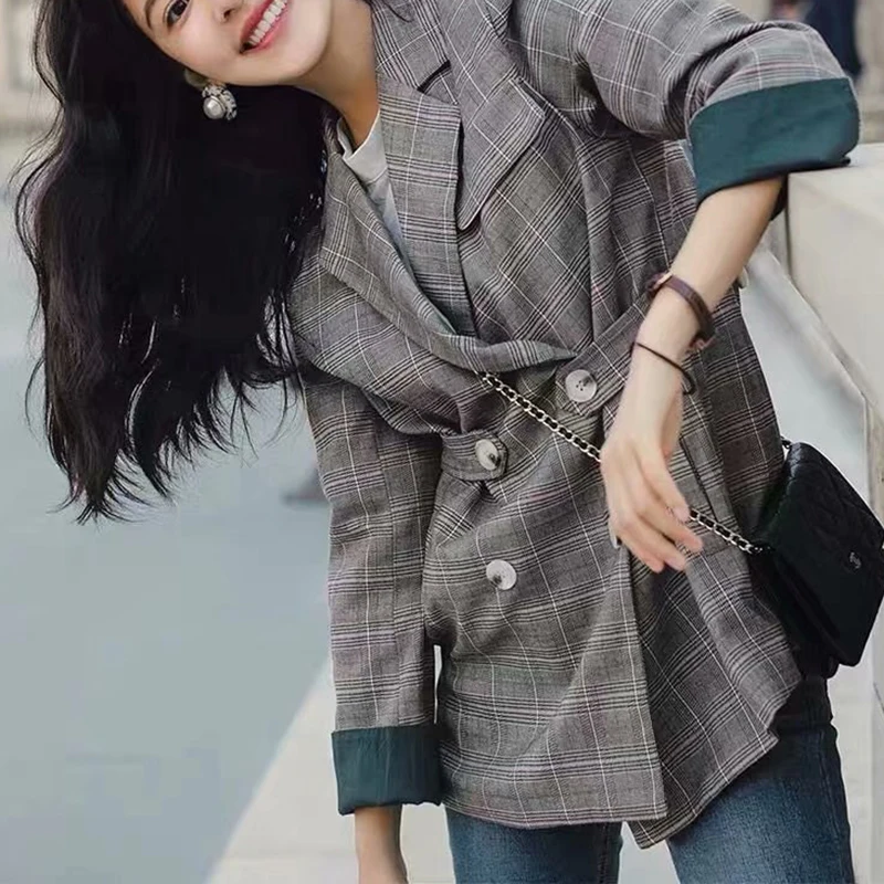 JuneLove женские осенние длинный рукав блейзеры куртки винтажные клетчатые