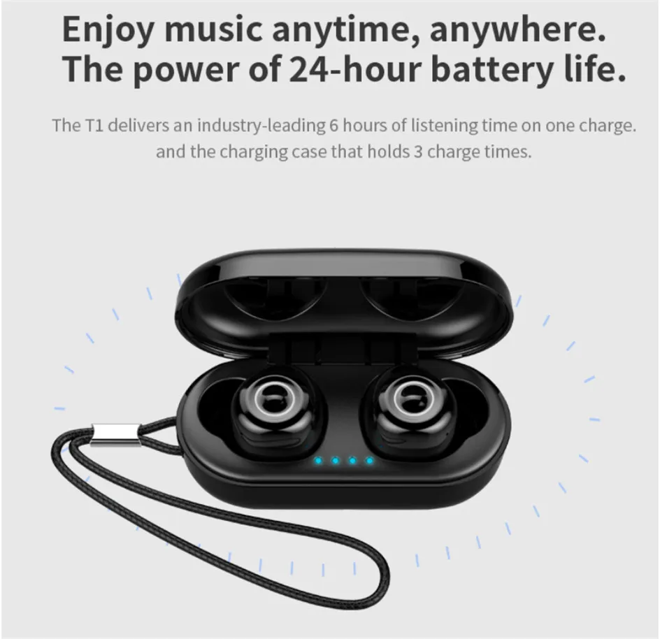 Наушники беспроводные T1 TWS в ухо с микрофоном, Bluetooth 5,0 сенсорное управление IPX7 водонепроницаемые 3D стерео наушники, светодиодные складные беспроводные наушники