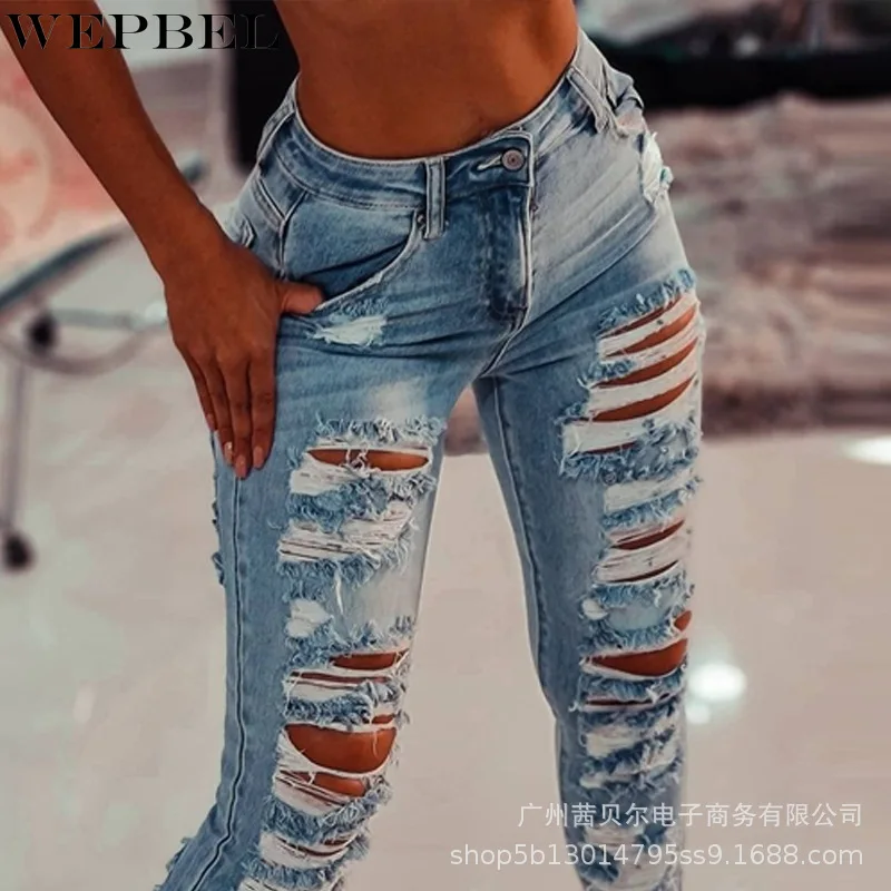 

WEPBEL Ladies Skinny High Waist Ripped Denim Pants Slim Fit Bleached Distressed Pencil Trousers Women Sexy Hole Jeans