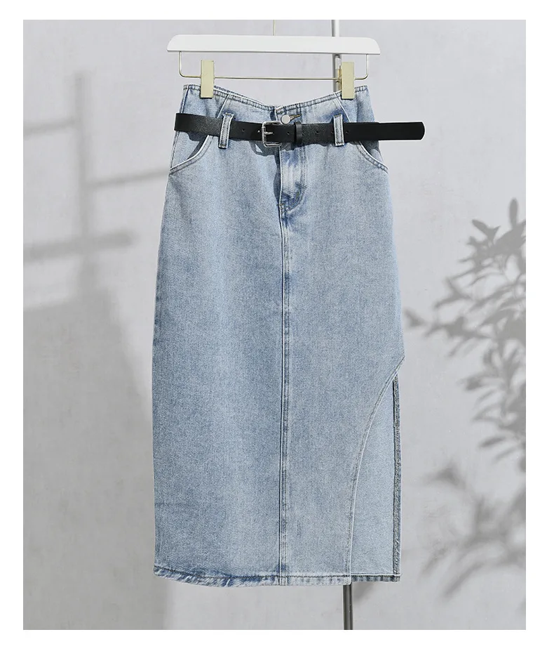 

2021 spring and autumn new side slit denim skirts, women's slim design, niche mid-length skirts