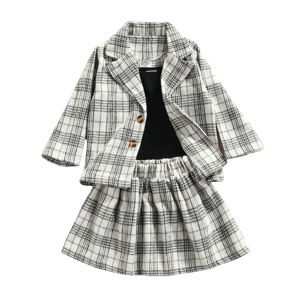 

Baby Girl Fashion Plaid Clothes Set Coat Jacket Black Camis Vest Mini Skirt 2-7Y Kids Children Spring Fall Casual 3 pcs Outfits
