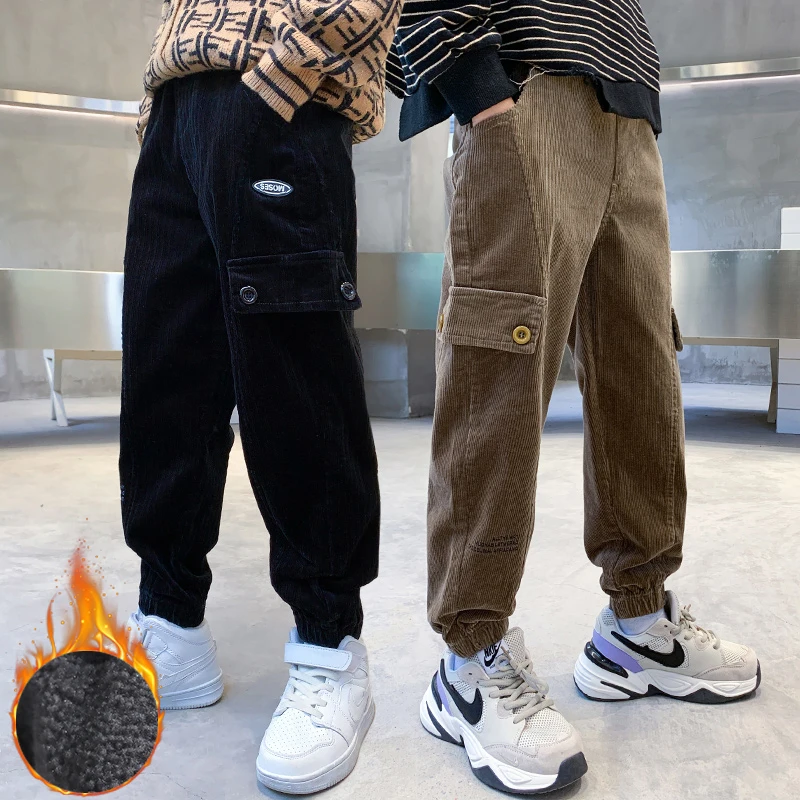 

Winter Corduroy Pants Boys Vintage Khaki Black Straight Pants Pockets Korean Plus Velvet Casual Trousers 2021 Big Boys Clothes