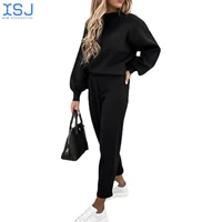 sweet solid color pants suit long sleeved high neck sweater straight leg pants autumn and winter casual two piece suit