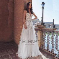 vintage wedding dresses organza tulle with a line v neck sleeveless bride gowns beach backless plus size vestido de novia