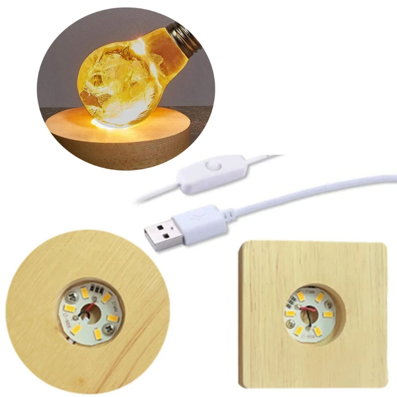 

2 Pcs Wood LED Light 3D Crystals Glass Resin Art Dispaly Base Ornaments Night Lamp Base Stand
