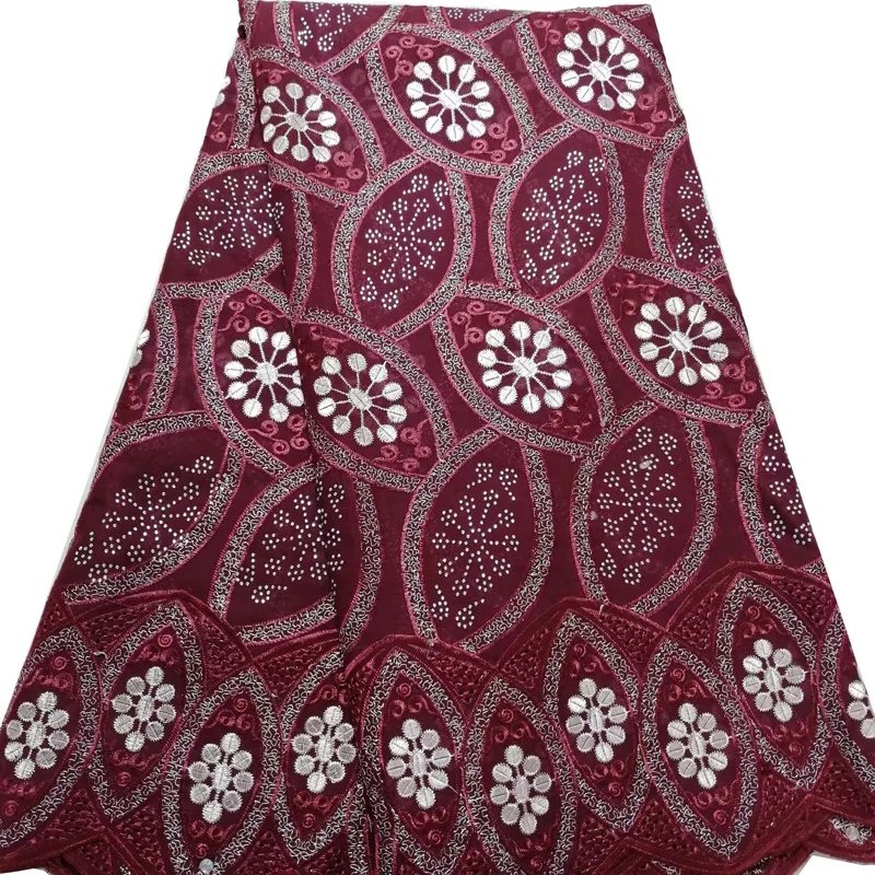 

(5yards/pc) wine red color African Swiss voile lace fabric with rhinestones and beautiful embroidery for making dress CLS264