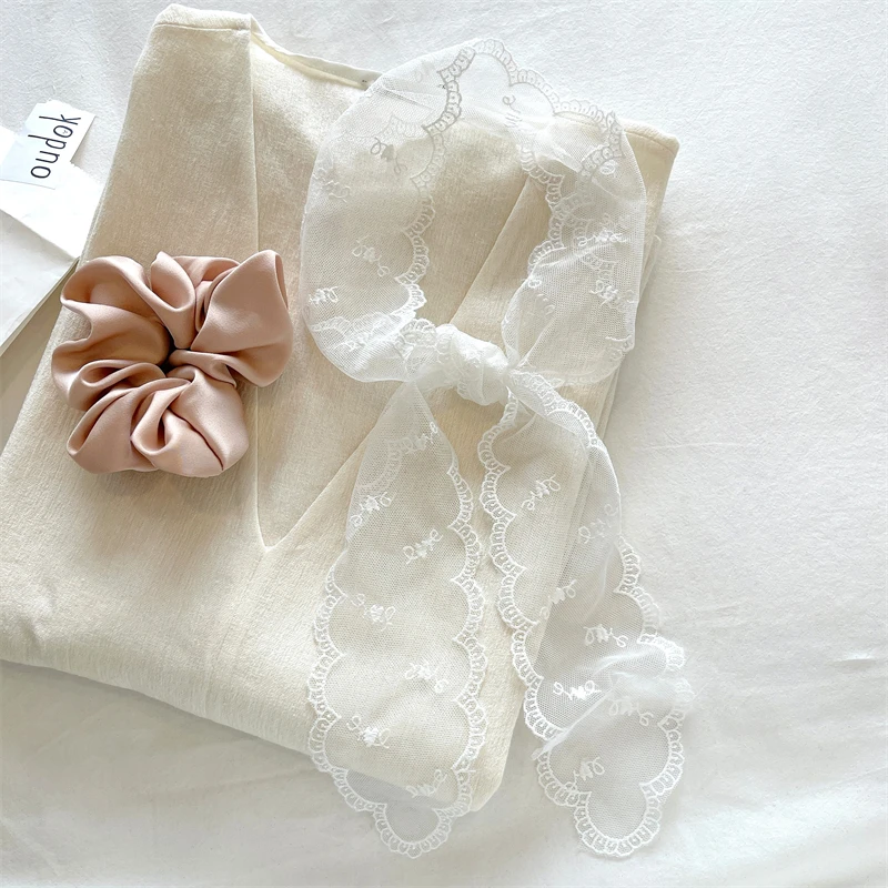 

Luna&Dolphin Girls Hair Accessories Ribbon Ring 2pcs Set Cream Color Blue Green White Lace Tie Bands Large Intestine Circle