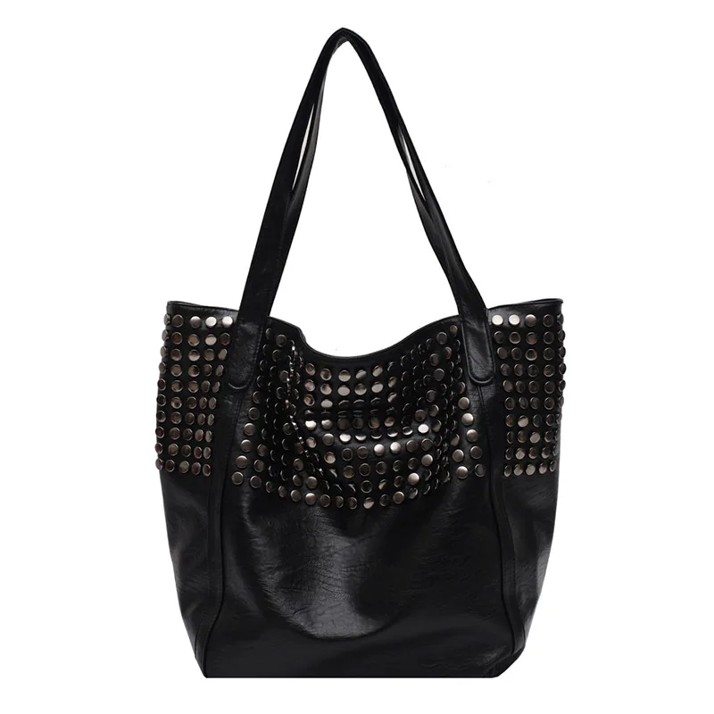 

European Air Commute Black underarm bag large capacity tote bag simple rivet decoration single shoulder bag soft leather bag