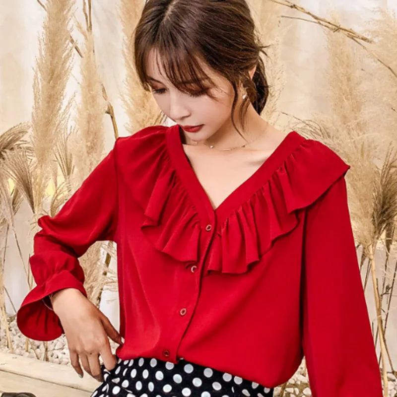 шифоновые блузки с длинным рукавом v образным вырезом для офиса Модные женские