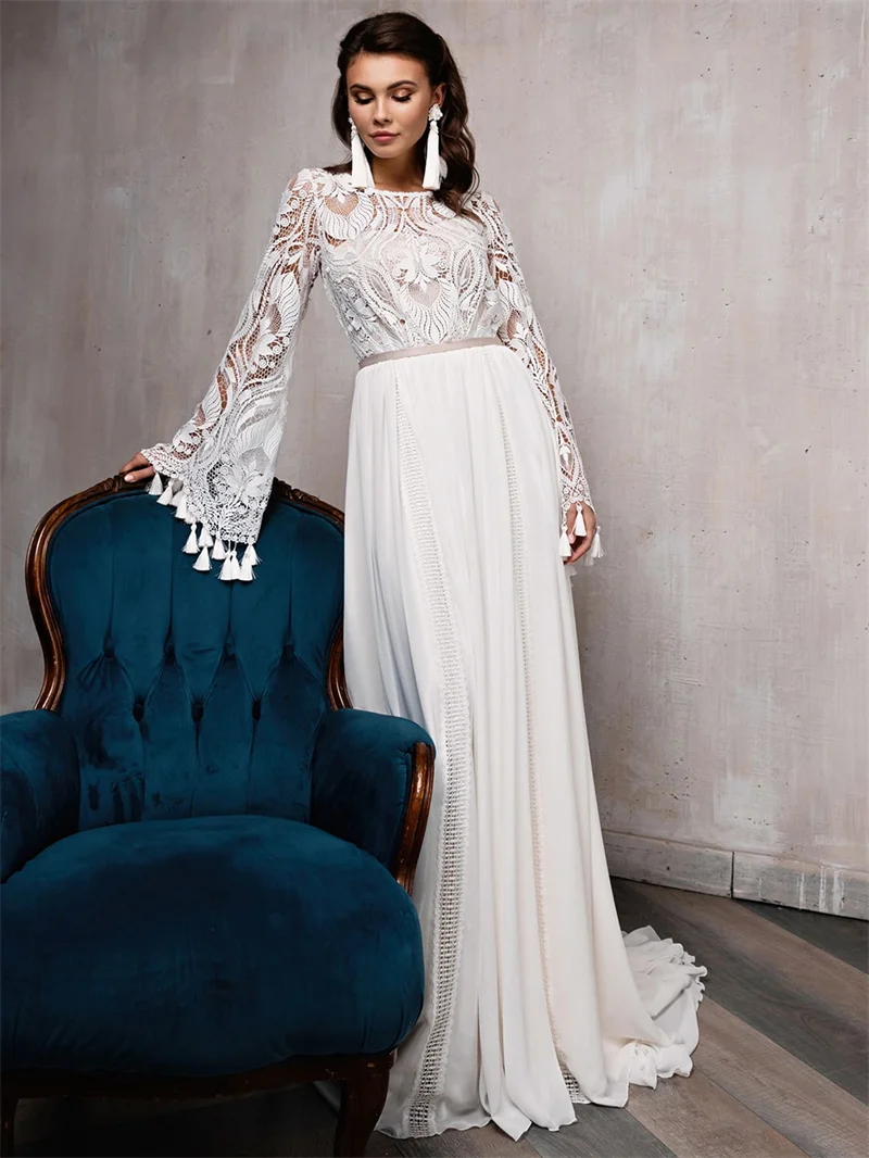 

Graceful White Wedding Dresses Lace Appliques Long Sleeves O Neck Bridal Gowns Custom Made Lace Up Floor Length Vestido de novia