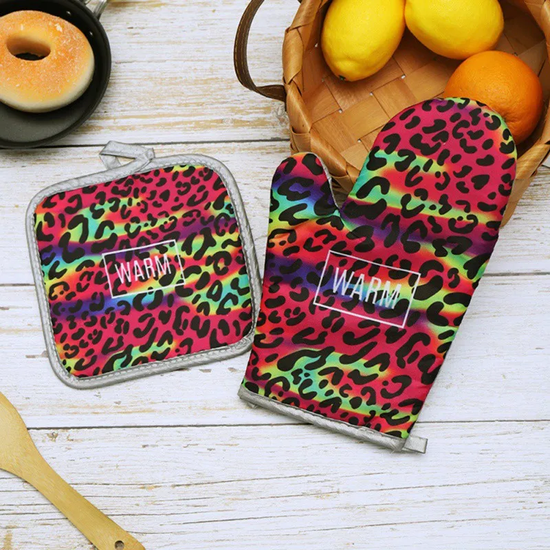 Домашние 2 шт./компл. рукавицы для духовки с изоляционным ковриком леопардовые