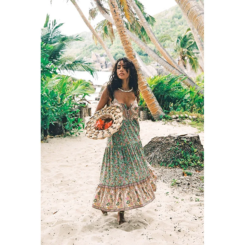 

New Women's Summer Floral Dress Clothes Ladies Sexy Sling Vintage Vacation Fashion Green Bohemian Style Vestir