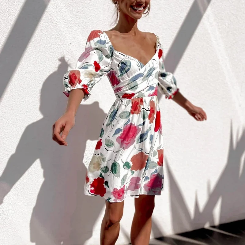 

Boho Sundress women Summer Square Collar Three Quarter Sleeve Dress Sexy V neck Vintage Flower Party Midi Dress