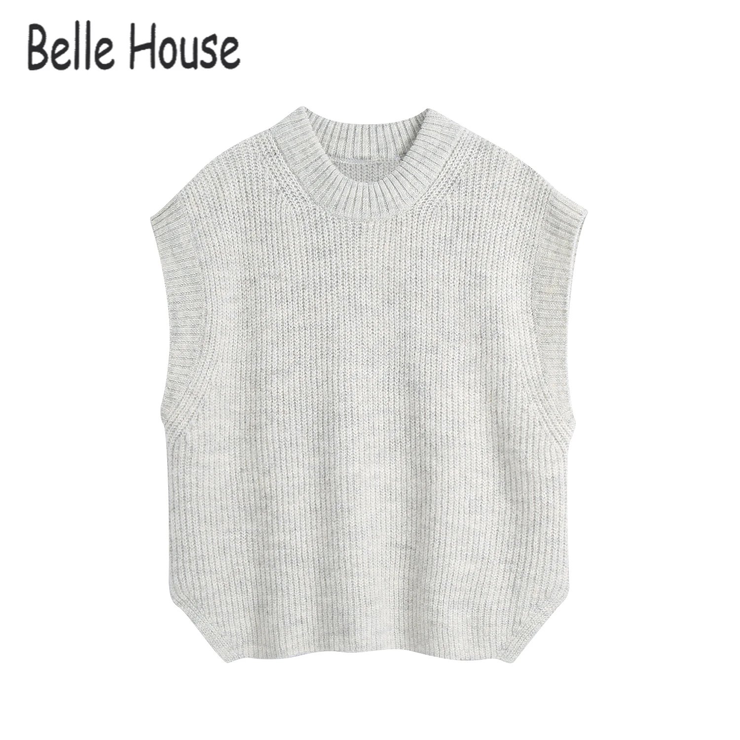 

Women Fashion Solid Light Grey Wool Sweaters Elegant Spring O neck Sweater Casual Pullover Sleeveless Loose TopsZL021