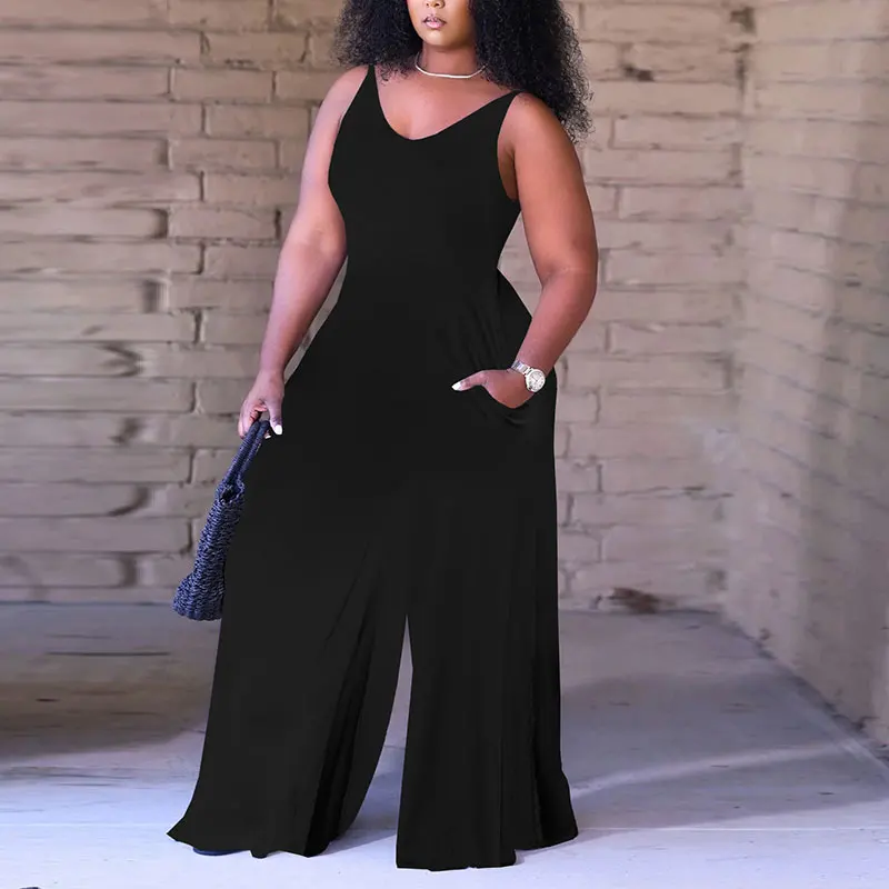 

2021 Summer Women Fashion Clubwear One Piece Plus Size Sleeveless Spaghetti Strap Plain Wide Leg Jumpsuit With Pocket Design