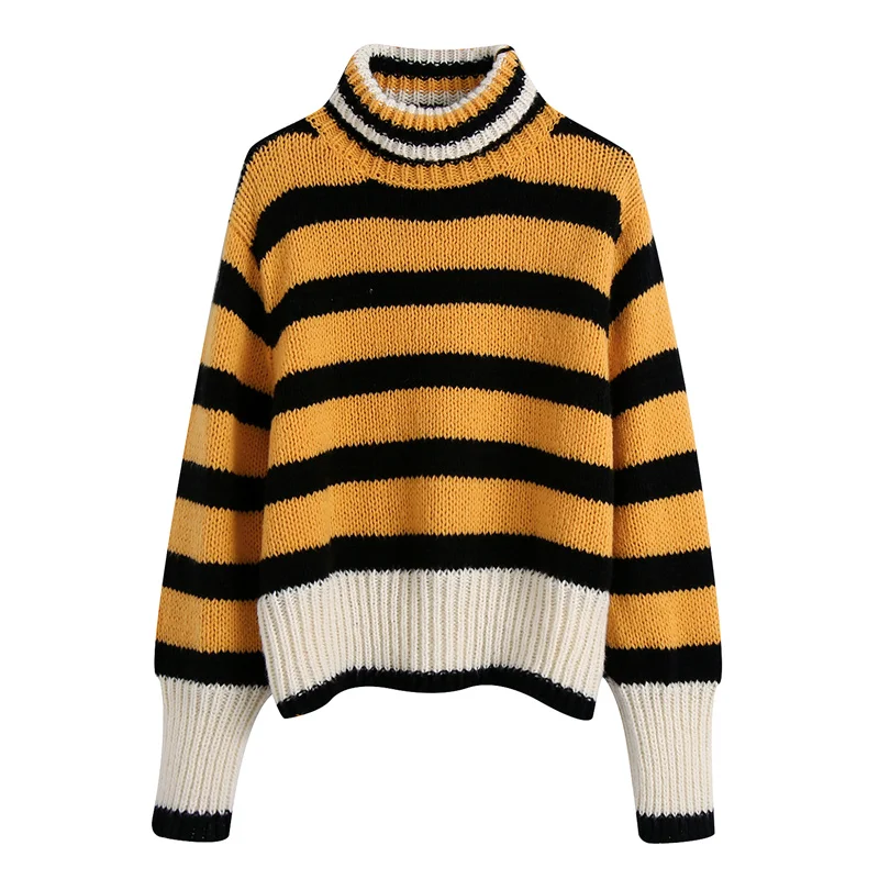 

TRAF Women 2021 Fashion Striped Loose Knitted Sweater Vintage High Neck Long Sleeve Female Pullovers Streetwear