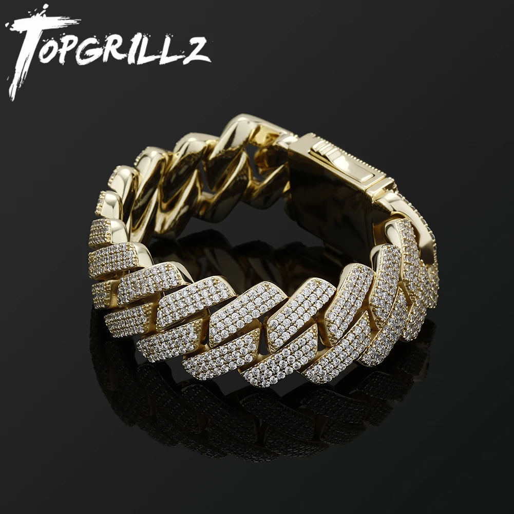 TOPGRILLZ Mens Bracelet 20MM 3 Row Zirconia Prong Link Chain Iced Out Micro Pave CZ Cuban Chain Hip Hop Fashion Jewelry For Gift