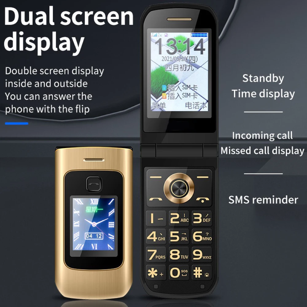

Dual Screen Flip Phone 2G System 2.4 Inch Dual SIM Card Design 4800mAh Extended Memory Up to 32GB Mobile Phone