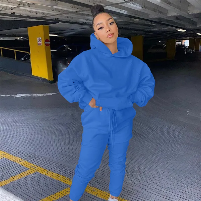 Женский спортивный костюм однотонный свитшот с капюшоном и брюки для бега