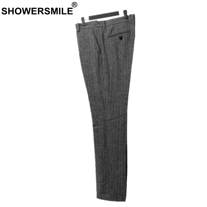SHOWERSMILE, мужские ретро брюки, шерстяные брюки, мужские деловые серые с узором в елочку, облегающие брюки, твидовая шерстяная одежда, английский стиль - Цвет: Серый