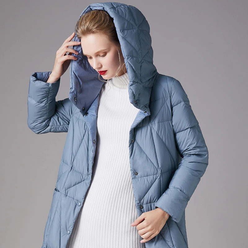Blue Women Haze Winter Coat Color 90% White Duck Down Hooded Slim Warm Outwear Office Lady Long Wide-Waisted Female Parkas
