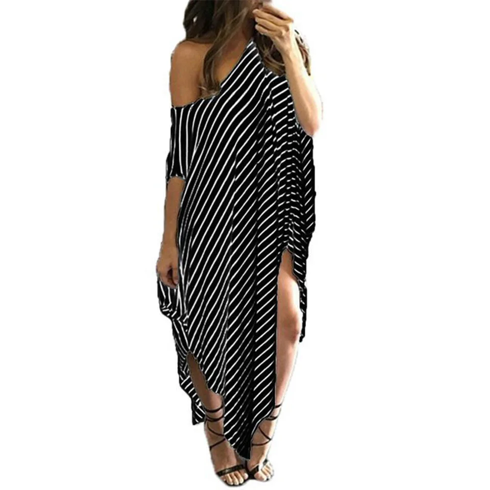 

2021 New Fashion Women Elastic Dress Striped Maxi Dress One Shoulder Sexy Irregular Loose Half Sleeve Patchwork Dress Round Neck