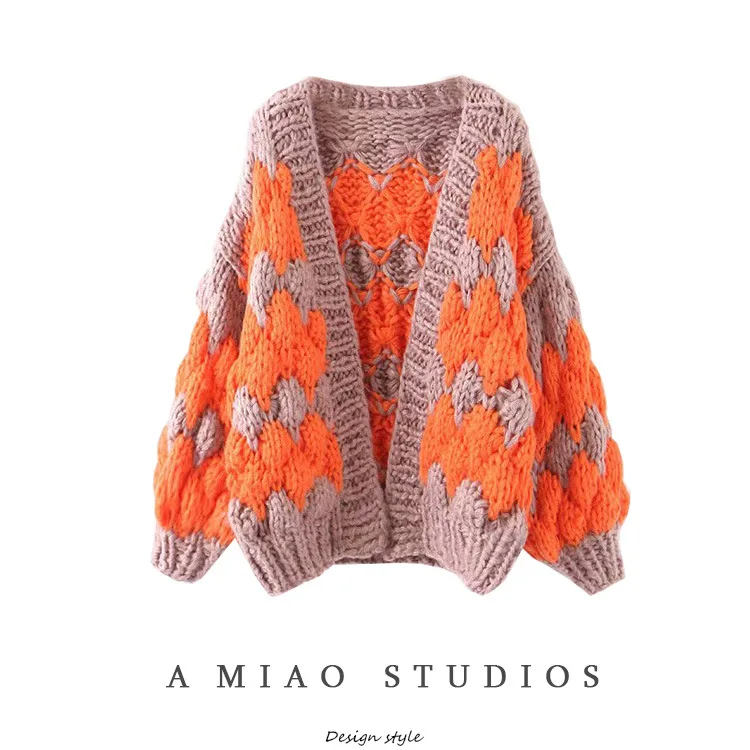 

contrast wavy Hand woven lantern sleeve pattern and cardigan jacket women's sweater heel thick