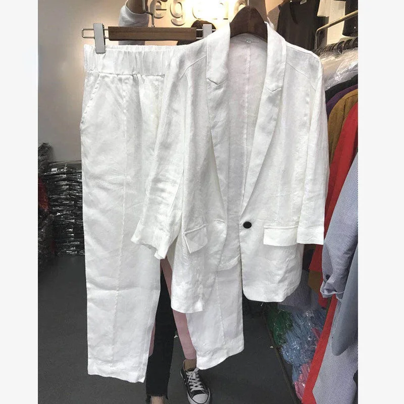 Cotton Linen Solid Women Pant Sets Summer Vintage 2021 White Blazers And Straght Ankle Length Pants Office Lady Clothing Suits