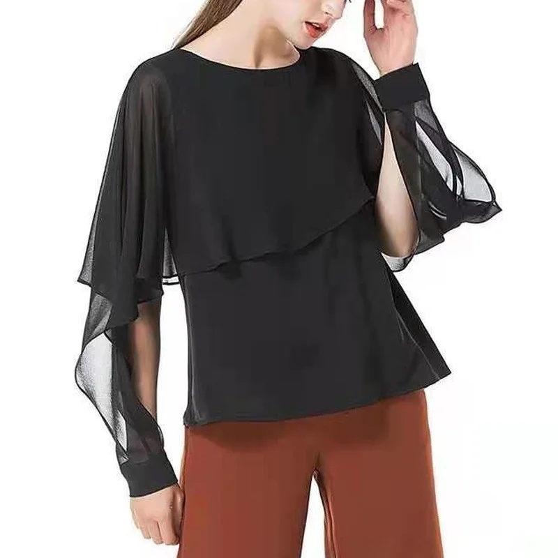 2021 Summer Chiffon Blouses Stretch Apricot Long-sleeved Shawl Dual-use Women Shirt Black Women Tops