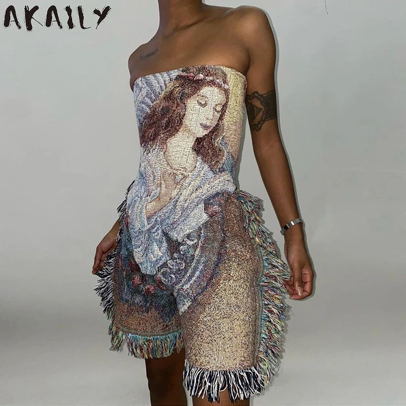 

Akaily Streetwear Print Tassel Rompers Summer Womens Jumpsuit Tie Dye Strapless Backless Playsuit Female One Piece Outfit 2021