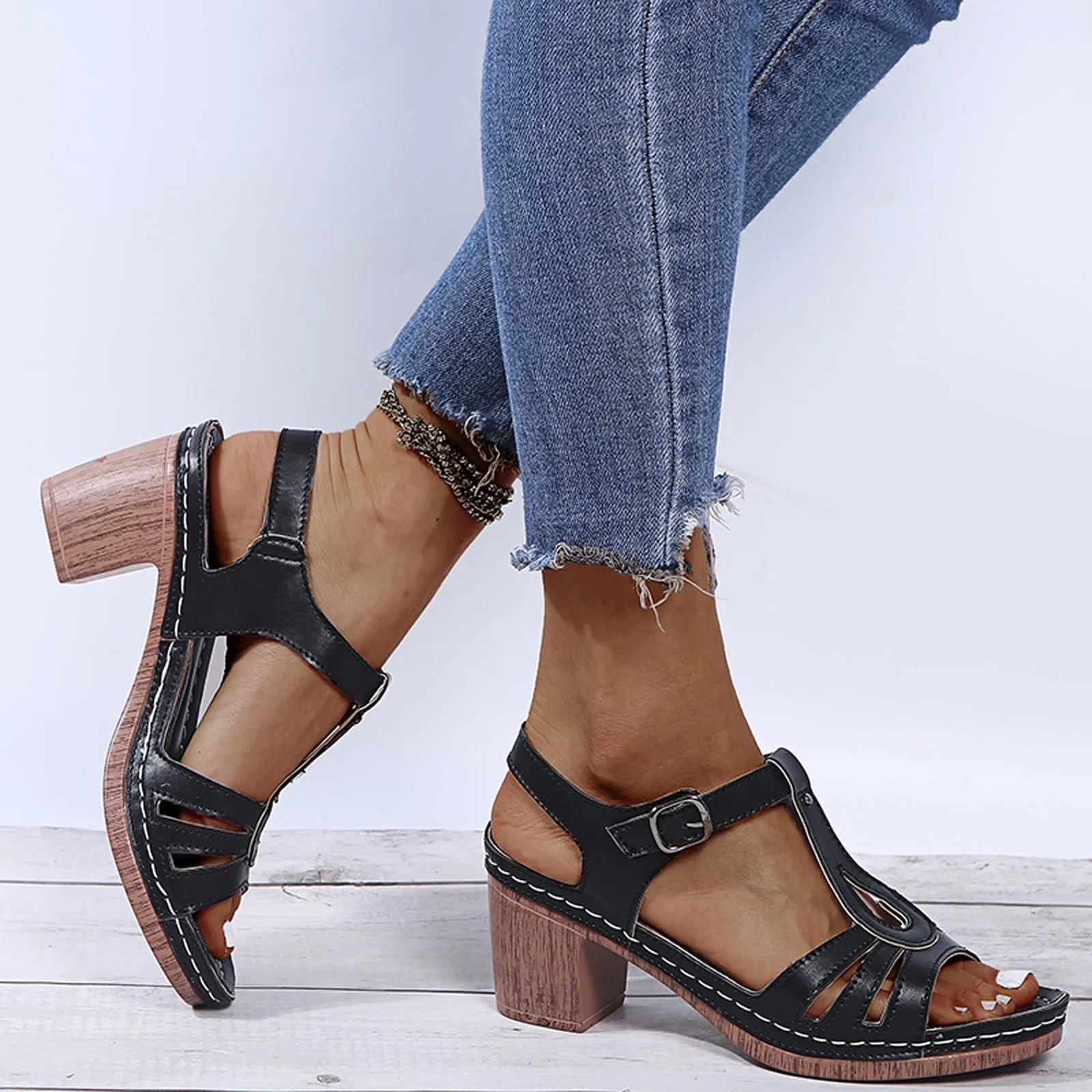 Босоножки SAGACE женские на квадратном каблуке сандалии с открытым носком ремешок