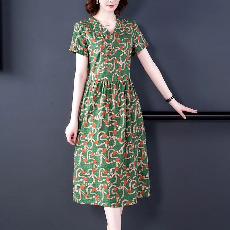 COIGARSAM Cotton Linen Women dress New Spring Dresses Green 1309 | Женская одежда