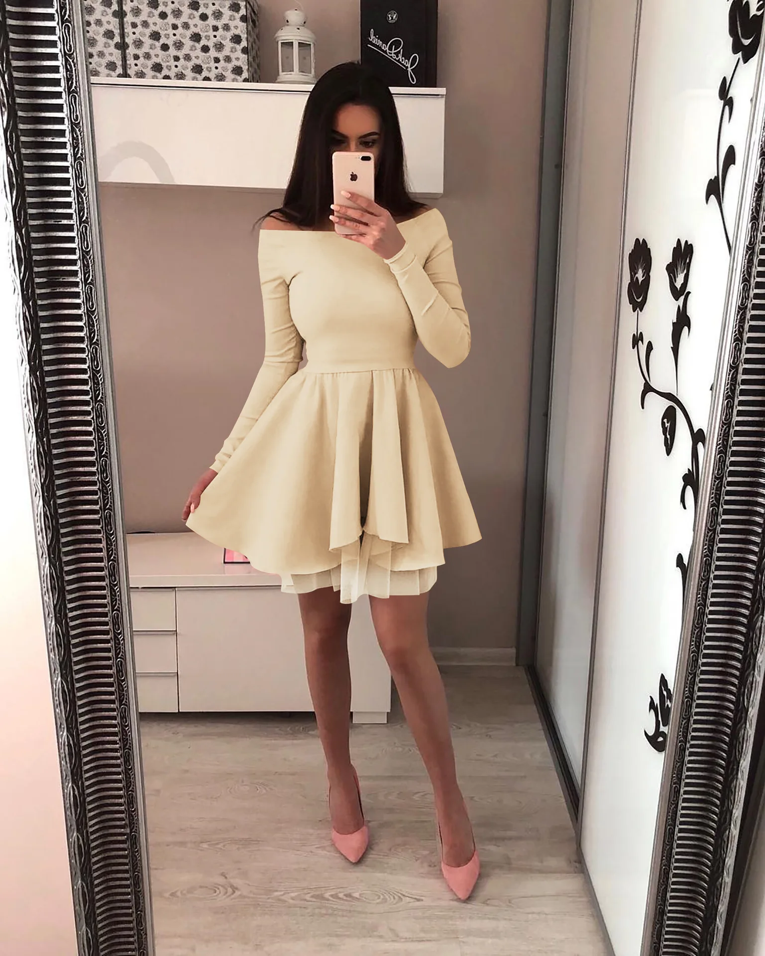 Женское модное кружевное платье с длинными рукавами, сексуальное однотонное платье принцессы с воротником красного и розового цвета, Vestoidos-85