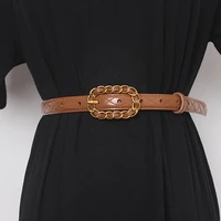 genuine cowhide waist belt for women vintage chain pin buckle quilted and embossed small belts female jean pant dress decoration