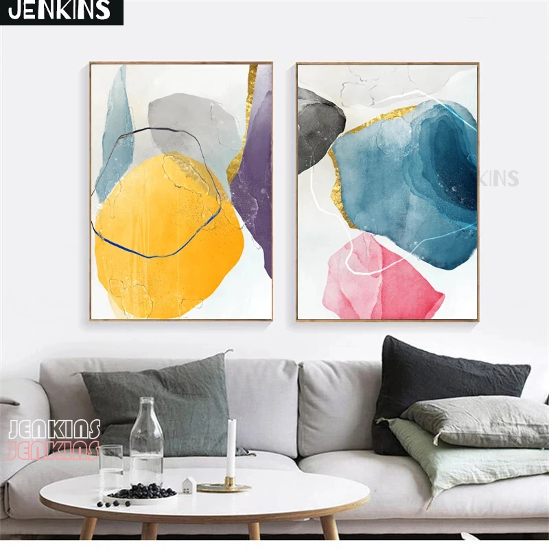 

JENKINS Geometry Paintings Modern Abstract Wall Art Colorful Wallpaper Nordic Golden Line Poster Prints Living Room Bedroom