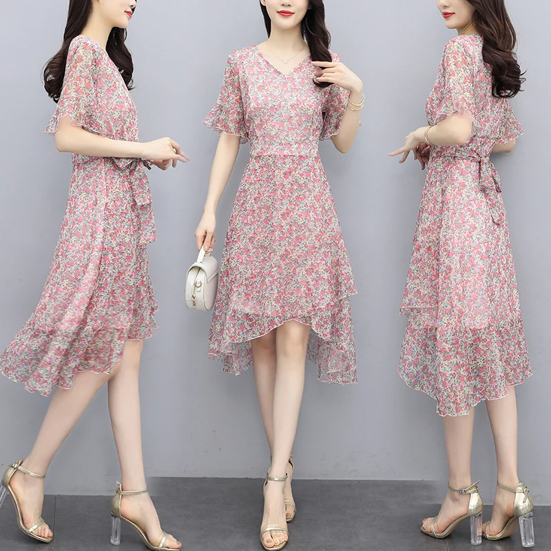 

New 2021 Summer Women's Dress Plus Size Print Chiffon Short Sleeve V-Neck Casual Elegant Ladies Fashion Sweet Dresses